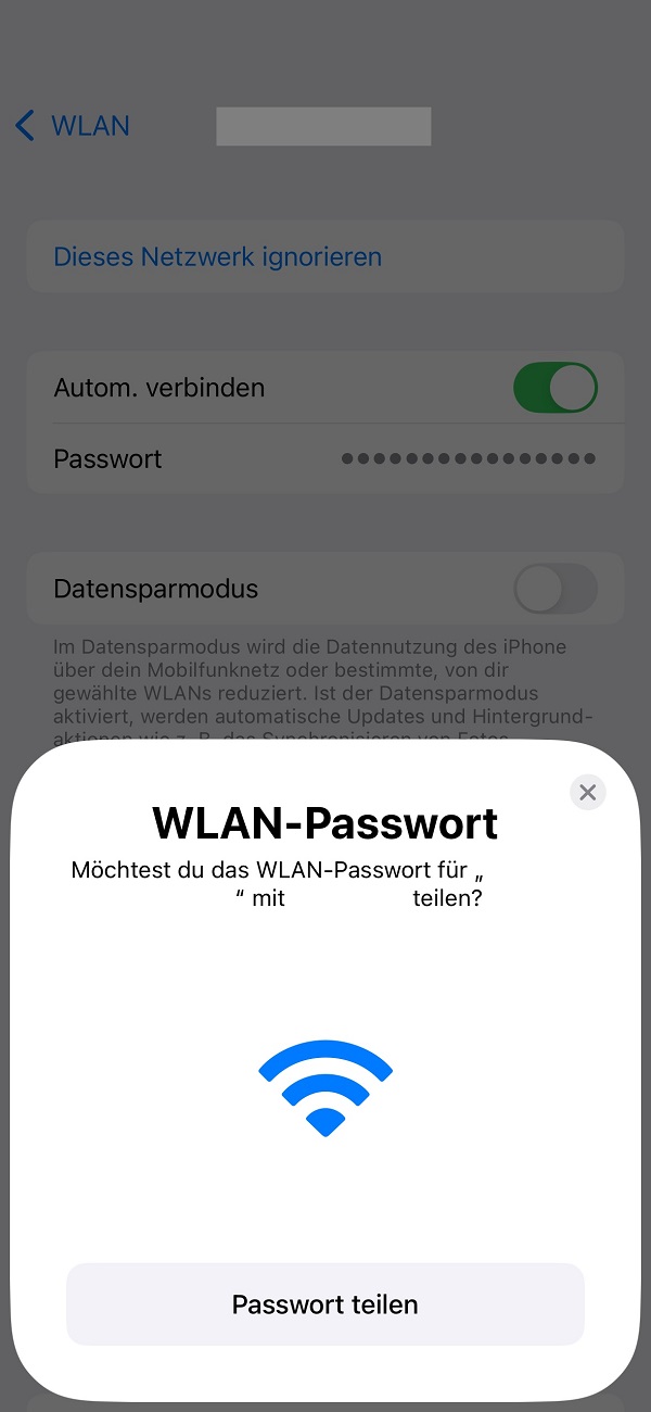Kontrollabfrage WLAN-Passwort teilen.