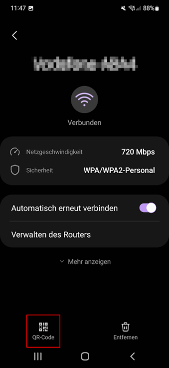 Screenshot der Detailansicht des WLANs
