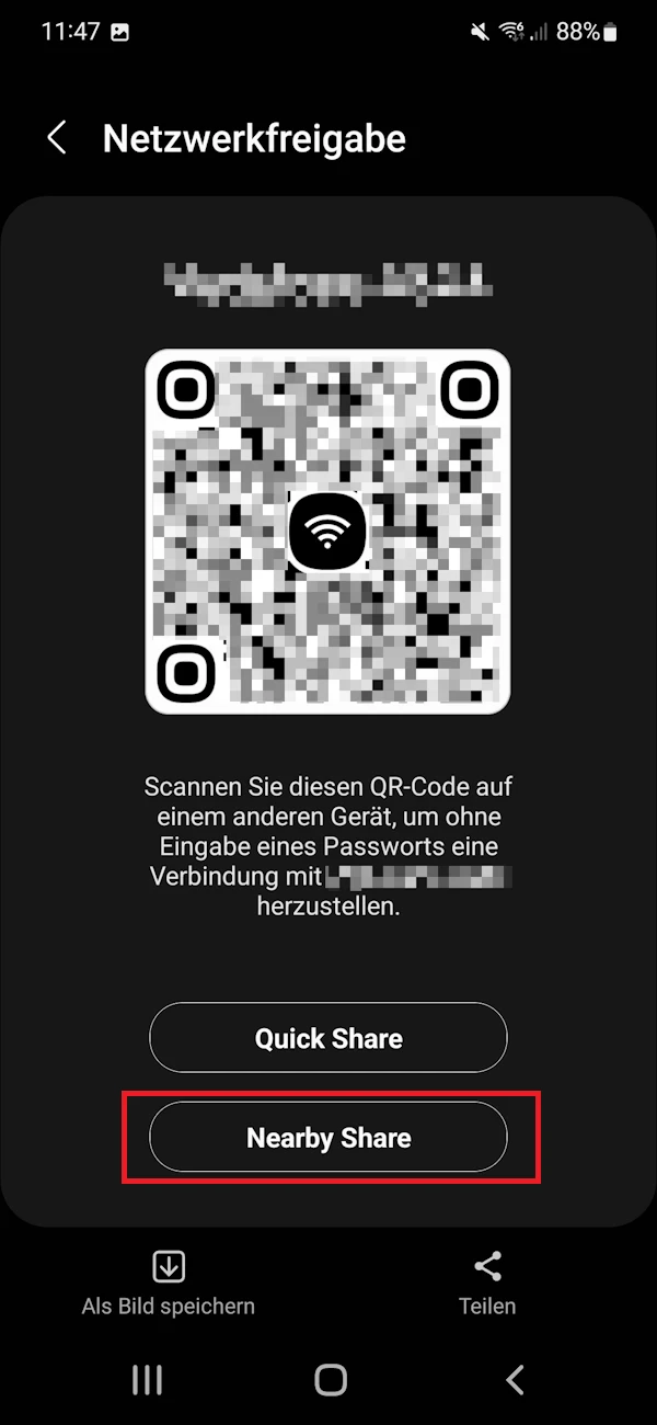  Screenshot des QR-Codes mit weiteren Auswahlmöglichkeiten zum WLAN-Teilen über Android
