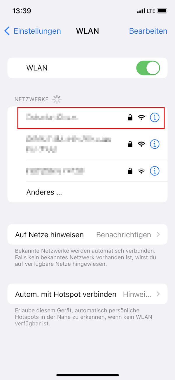 Zu sehen ist das Bedienfeld zur Netzwerk-Einstellung bei iPhones.