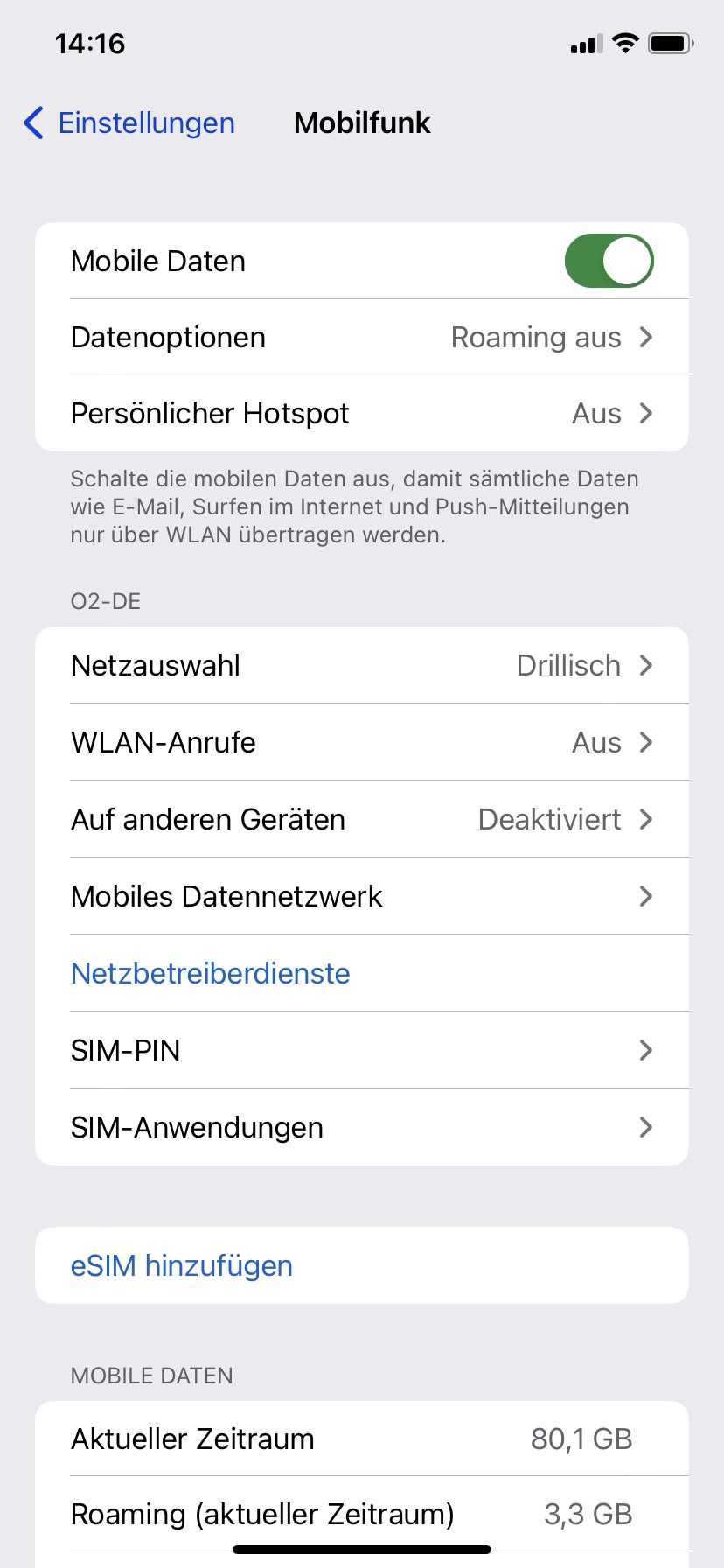 Geöffnete Mobilfunkeinstellungen