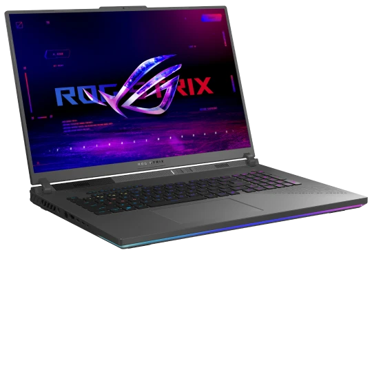  Gaming-Laptop in schräger Ansicht mit RGB-Tastatur und ROG-Strix-Grafik auf dem Display. 
