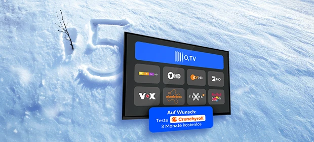 Fernsehbildschirm mit o2 TV-Banner und acht Logos darin. Gezeigt werden RTL HD, ARD HD, ZDF HD, ProSieben HD, VOX, Nickelodeon, ZDF Terra X und Red Bull TV. Unten am Fernsehbildschirm der Hinweis: Auf Wunsch: Teste Crunchyroll drei Monate kostenlos. Links neben dem Fernsehbildschirm die Zahl fünf in den Schnee geschrieben und ein Ast. 