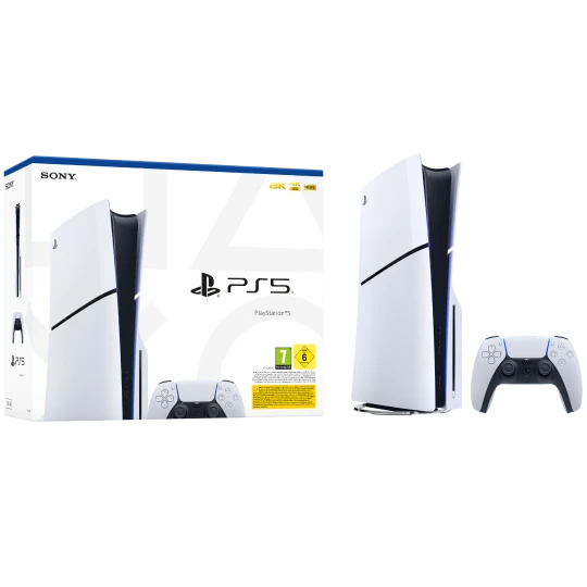  Weiße Spielkonsole mit DualSense Wireless-Controller und Verpackung. 