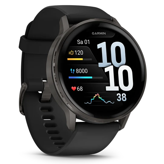  Schwarze Smartwatch mit rundem Display und Fitnessanzeige. 