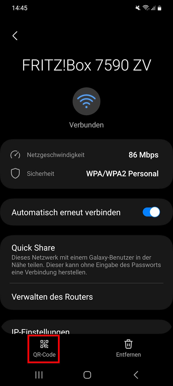 Screenshot der WLAN-Details mit Funktion zur QR-Code-Erstellung