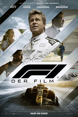 Das Bild zeigt ein Filmplakat von F1 mit Brad Pitt im Rennanzug, darunter einen Formel 1 Wagen