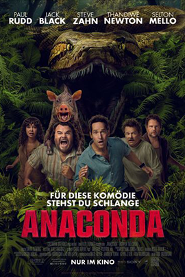 Filmplakat für Anaconda Vor einem dichten, sattgrünen Dschungel schiebt sich bedrohlich der riesige Kopf einer gewaltigen Anaconda aus dem Blattwerk, ihr Maul halb geöffnet und die Augen wachsam auf die Szene darunter gerichtet. Im Vordergrund stürmt eine bunt zusammengewürfelte Gruppe von fünf Menschen direkt auf den Betrachter zu, ihre Gesichter zwischen Panik und ungläubiger Komik verzerrt.