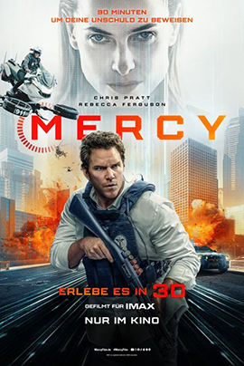 Filmplakat für Mercy Vor einer explosiven Großstadtkulisse mit brennenden Fahrzeugen und Rauchwolken steht zentral ein bewaffneter Mann in taktischer Kleidung, der entschlossen nach vorne blickt. Hinter ihm sind Hochhäuser, Feuerbälle und Trümmer zu sehen, die eine Szenerie urbaner Zerstörung zeigen.