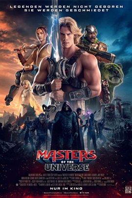 Filmplakat zu Masters of the Universe: Im Zentrum steht ein muskulöser Held mit Schwert, umgeben von weiteren Figuren und einer düsteren Fantasy-Landschaft.
