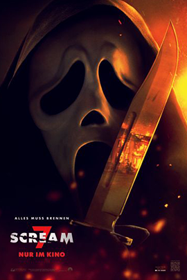Filmplakat zu „Scream“: Die ikonische Ghostface-Maske erscheint groß im Bild, halb im Schatten, daneben eine blutverschmierte Messerklinge. Der Hintergrund ist dunkel mit orange-roten Lichteffekten. Unten steht der Titel „Scream“ in weißer Schrift mit rotem Akzent sowie der Hinweis „Nur im Kino“.