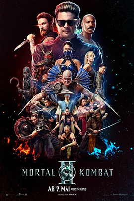 Kino-Plakat zu Mortal Kombat mit mehreren kämpfenden Figuren in einer dramatischen Collage vor schwarzem Hintergrund. Rot-blaue Feuer- und Eis-Effekte umgeben die Charaktere, darunter der Titel „Mortal Kombat“ mit Drachenlogo.