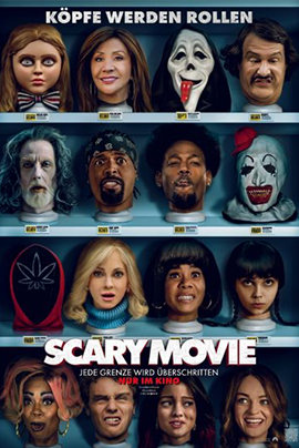 Filmplakat zu Scary Movie, sämtliche Schauspieler und Figruen aus der Filmreihe sind in 4 Zeilen untereinander dargestellt