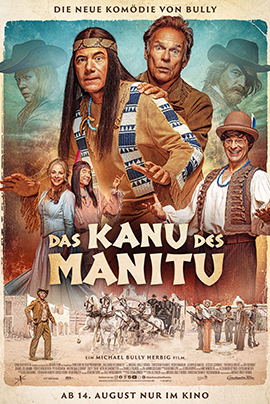 Filmplakat für Das Kanu des Manitu – Es zeigt zwei Männer in Westernkleidung, umgeben von weiteren Figuren in humorvollen Posen.
