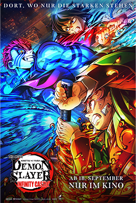 Filmplakat für Demon Slayer - Verschiedene bunte Manga Figuren sind abgebildet