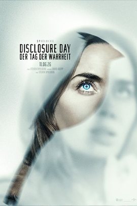Filmplakat zu „Disclosure Day – Der Tag der Wahrheit“: Das Filmplakat zeigt das verschwommene Porträt einer Frau vor einem hellen, weiß-grauen Hintergrund. Im Vordergrund befindet sich ein zerbrochener Spiegel oder eine spiegelartige Scherbe, durch die ein Teil ihres Gesichts scharf sichtbar wird.