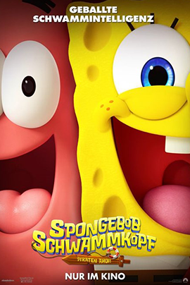 Filmplakat für Spongebob Schwammkopf Das Motiv zeigt in extremer Nahaufnahme die fröhlichen Gesichter zweier bekannter Zeichentrickfiguren: Links ein rosafarbener Seestern mit weit aufgerissenen Augen, rechts ein gelber Schwamm mit großen Wimpernaugen und breitem Grinsen. Beide drängen sich fast aus dem Bild heraus und füllen es mit leuchtenden Farben und kindlicher Energie.