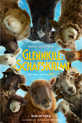 Filmplakat zu „Glennkill: Ein Schafskrimi“: Vor einem leuchtend blauen Himmel blicken zahlreiche Schafe aus kreisförmiger Perspektive direkt von oben in die Kamera, sodass ihre Köpfe den Bildrand umrahmen. Die Tiere unterscheiden sich in Fellfarbe, Größe und Aussehen – von weißen und braunen bis zu schwarzen Schafen mit lockigem Fell und gebogenen Hörnern.