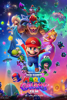 Filmplakat zu „Der Super Mario Galaxy Film“: Vor einem leuchtend bunten, kosmischen Hintergrund mit Sternen, Planeten und schwebenden Inseln fliegt Mario mit ausgestreckten Armen auf den Betrachter zu. Hinter ihm ragt der bedrohliche Bowser mit gefletschten Zähnen auf, während Prinzessin Peach und Rosalina seitlich im Bild stehen. Um sie herum schweben Yoshi, kleine bunte Sternwesen und weitere Figuren aus dem Mario-Universum.