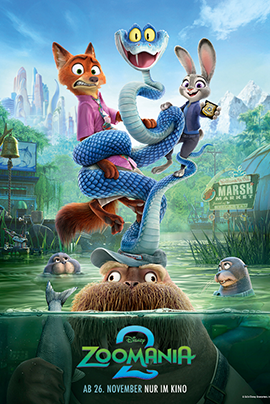 Filmplakat für Zoomania 2 Auf hellem, pastellfarbenem Hintergrund sind zentral zwei Tierfiguren nebeneinander dargestellt: links ein Kaninchen in Polizeiuniform, rechts ein Fuchs — die bekannten Hauptfiguren. Hinter ihnen windet sich eine schlanke Schlange, deren Körper sich in die Form der Zahl „2“ schmiegt. Oberhalb stehen die Namen der Hauptdarsteller, unten in großer Schrift der Titel „ZOOMANIA 2“.