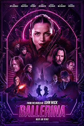 Filmposter für Ballerina mit Hauptfigur im Mittelpunkt, umgeben von weiteren Charakteren und dunklem, neonviolettem Hintergrund