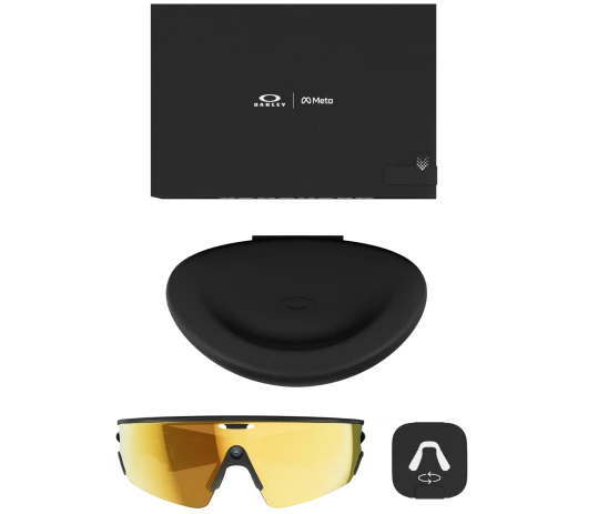  Oakley Meta Vanguard Smart-Brille in Schwarz mit goldenen Prizm-Gläsern, samt Ladeetui, Verpackung und Zubehör. 