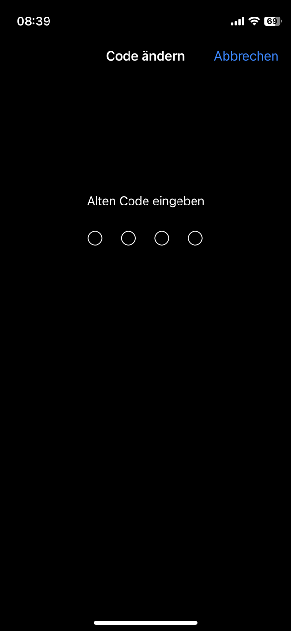 Screenshot iPhone Einstellungen „Alten Code eingeben“.