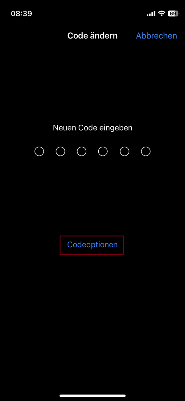 Screenshot iPhone Einstellungen „Codeoptionen wählen“.