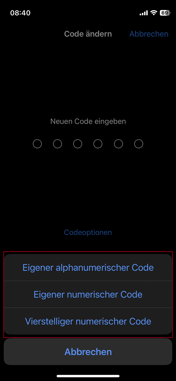 Screenshot iPhone Einstellungen „Codeoptionen“.