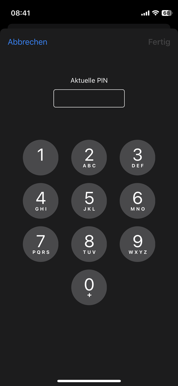 Screenshot iPhone Einstellungen „Aktuelle PIN eingeben“.