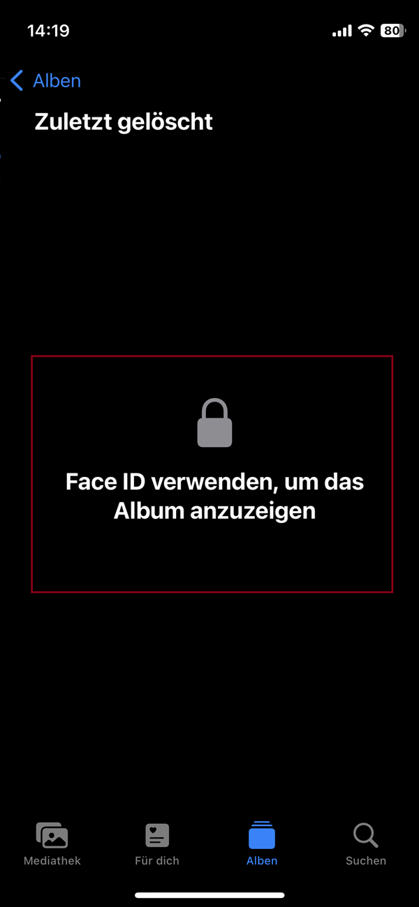 Markierung von der Aufforderung, Face-ID zum Anzeigen des Albums „Zuletzt gelöscht“ zu verwenden.