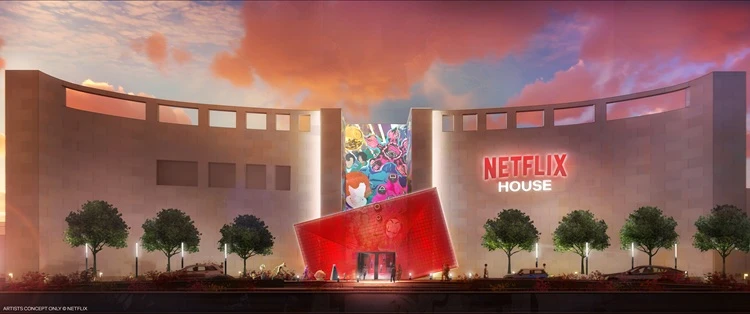 Netflix Illustration des Netflix Hauses bei Sonnenuntergang mit Logo, rotem Eingang und Seriengrafiken.