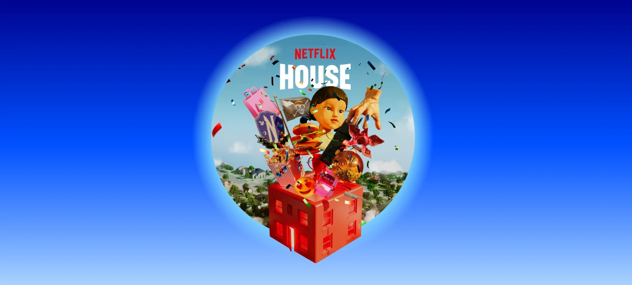  Ein rotes Haus mit Netflix-Zeichen. Aus dem Dach fliegen Serienfiguren, Popcorn, Smiley und Konfetti in die Luft.  
