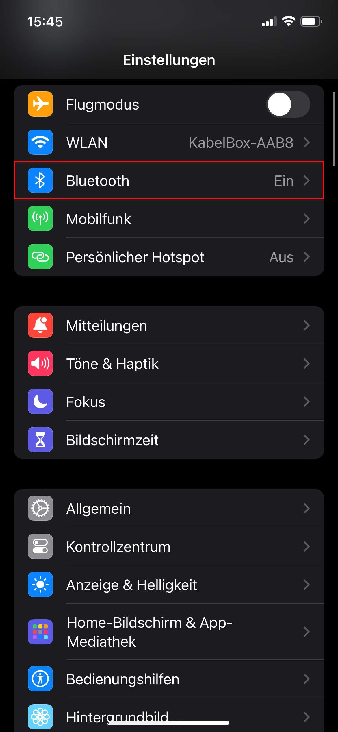 Screenshot von den Einstellungen mit Markierung von „Bluetooth“.