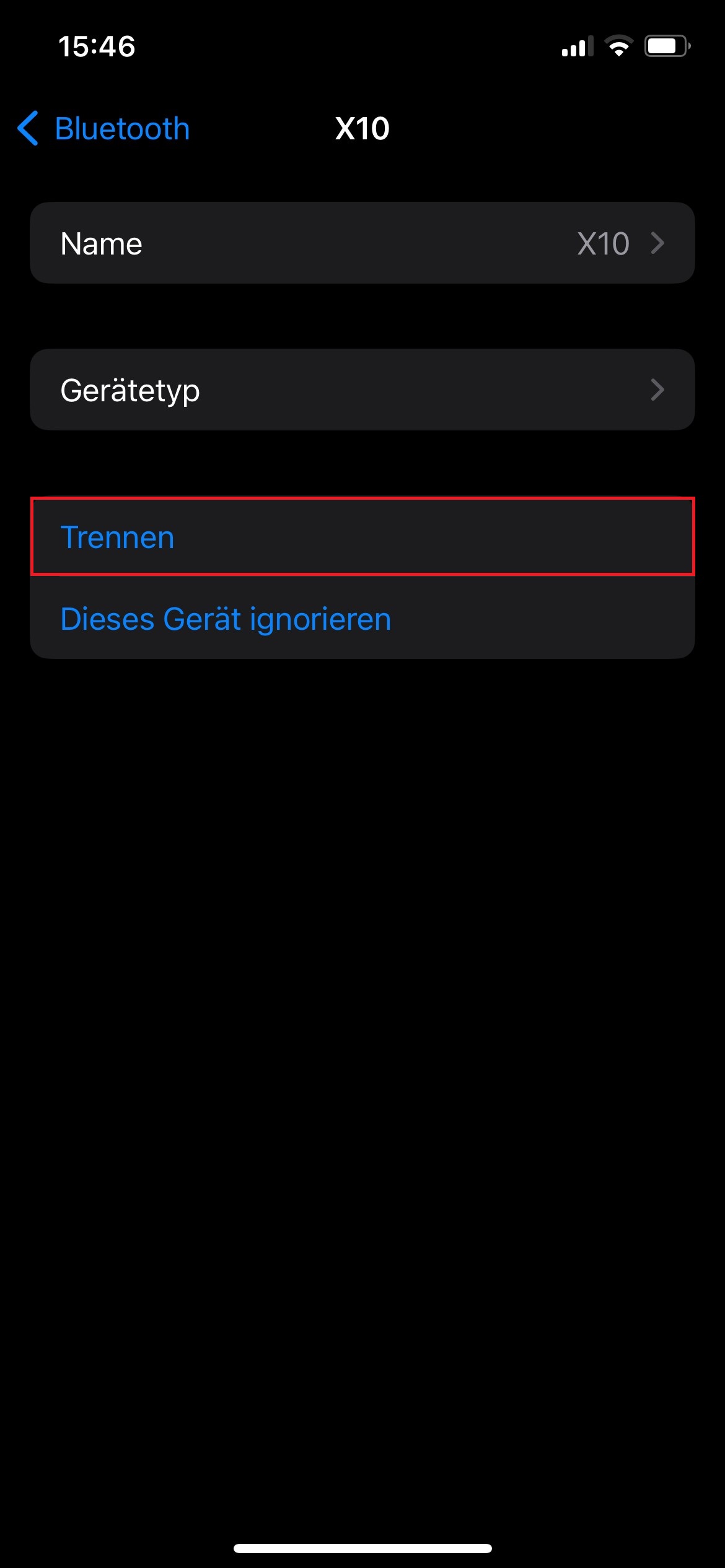 Screenshot von den Bluetooth-Einstellungen eines Geräts mit Markierung von „Trennen“.