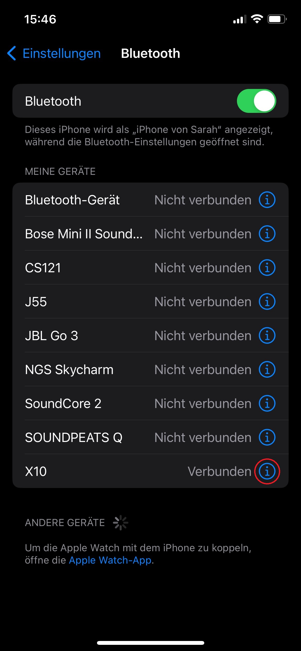 Screenshot von den Bluetooth-Einstellungen mit Markierung von „Weitere Infos“.