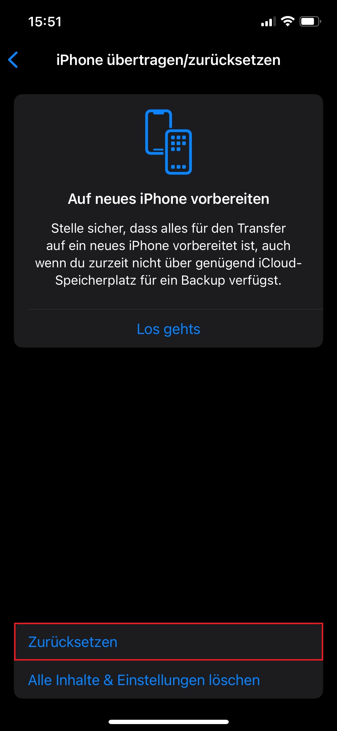 Screenshot von „iPhone übertragen/zurücksetzen“ mit Markierung von „Zurücksetzen“