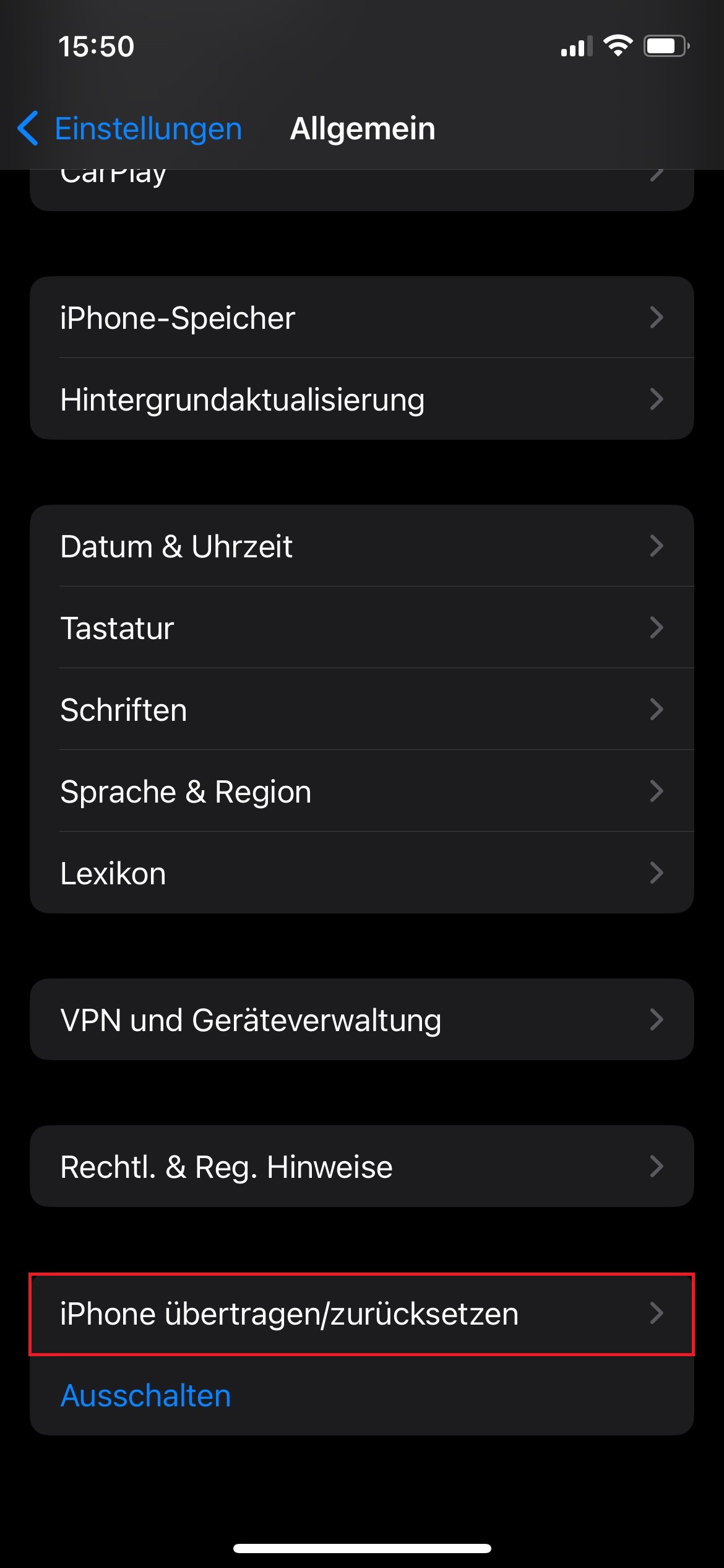 Screenshot von allgemeinen Einstellungen mit Markierung von „iPhone übertragen/zurücksetzen“.