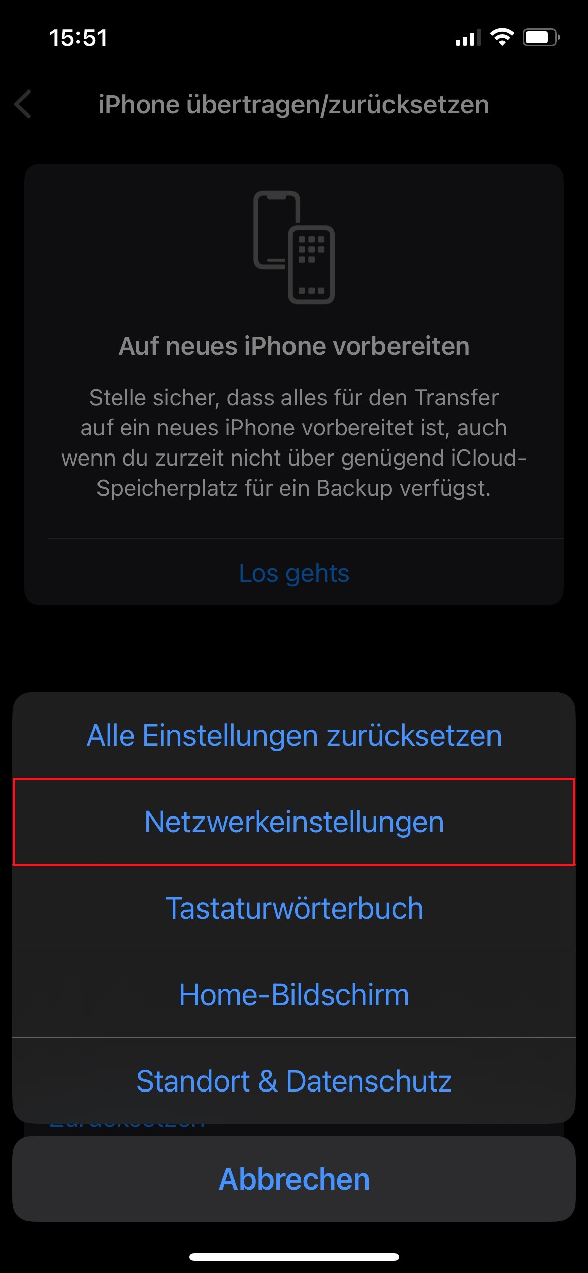 Screenshot von „iPhone übertragen/zurücksetzen“ mit Markierung von „Netzwerkeinstellungen“