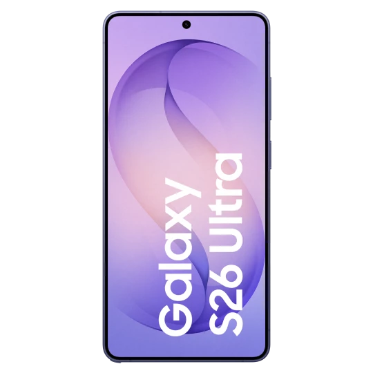  Abbildung eines Smartphones mit violettem Bildschirmdesign und der Aufschrift „Galaxy S26 Ultra“. Rechts daneben befindet sich ein Eingabestift (S Pen). 