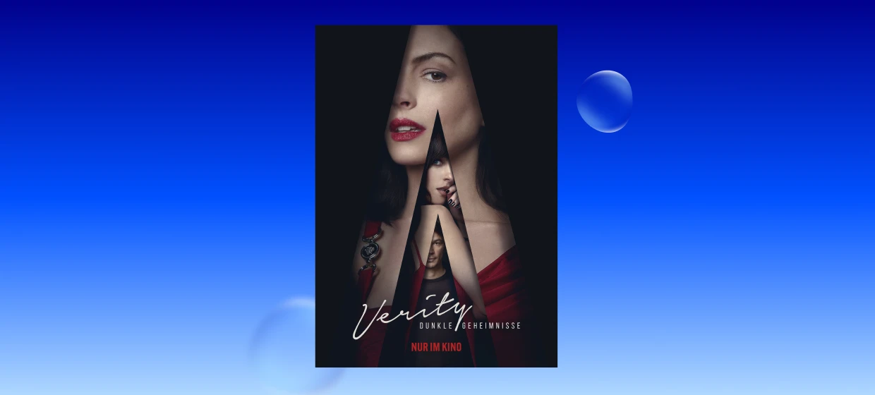 Filmplakat „Verity – Dunkle Geheimnisse“: Drei Gesichter im Schatten, darunter der Text „Nur im Kino“. 