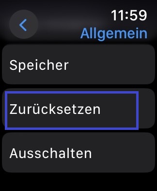 „Zurücksetzen“ unter „Allgemein“ in der Apple Watch gekennzeichnet durch einen blauen Rahmen