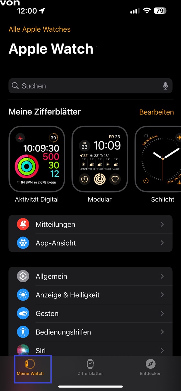 Geöffnete Eistellung „Apple Watch“ auf dem iPhone mit markierter Option „Meine Watch“