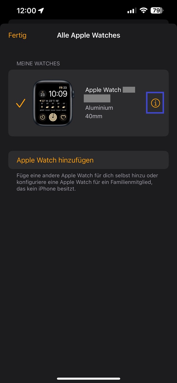 Infopunkt unter der Einstellung „Alle Apple Watches“ markiert durch einen blauen Rahmen