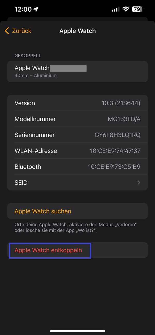 Geöffnete Einstellung „Apple Wach“ mit durch einen blauen Rahmen gekennzeichneter Option „Apple Watch entkoppeln“