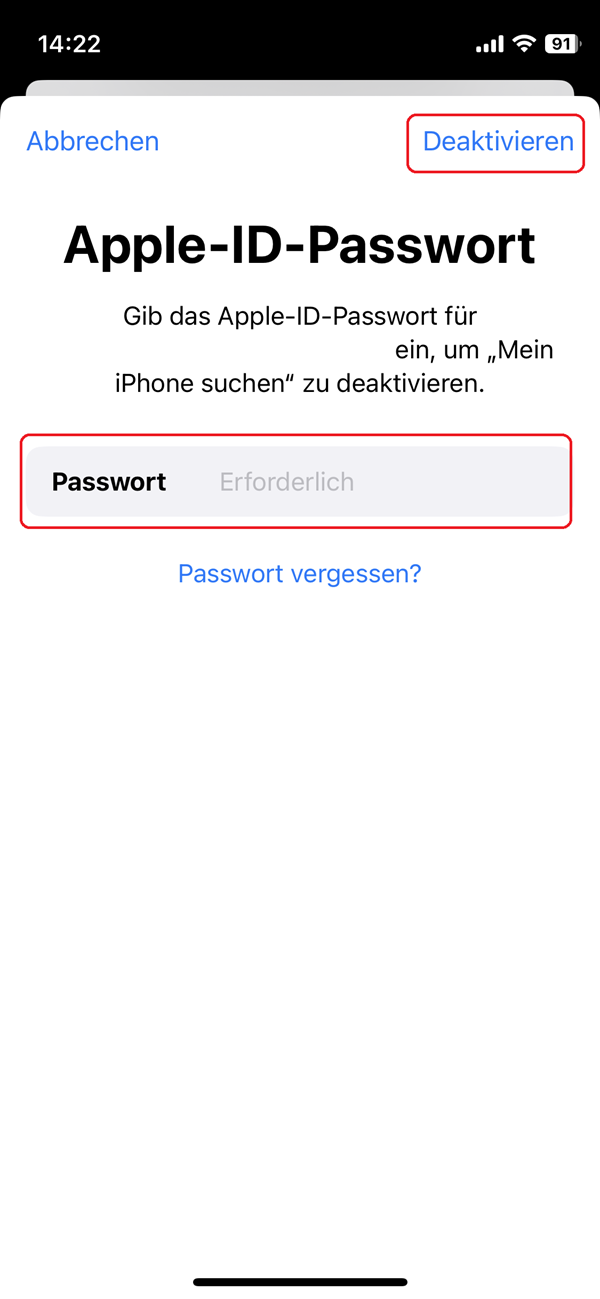 Screenshot von der Aufforderung, das Passwort für die Apple-ID einzugeben.