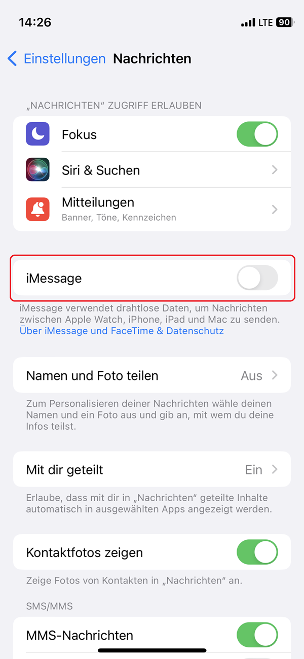 Screenshot von den Einstellungen in „Nachrichten“ eines iPhones mit deaktiviertem Regler für „iMessage“.