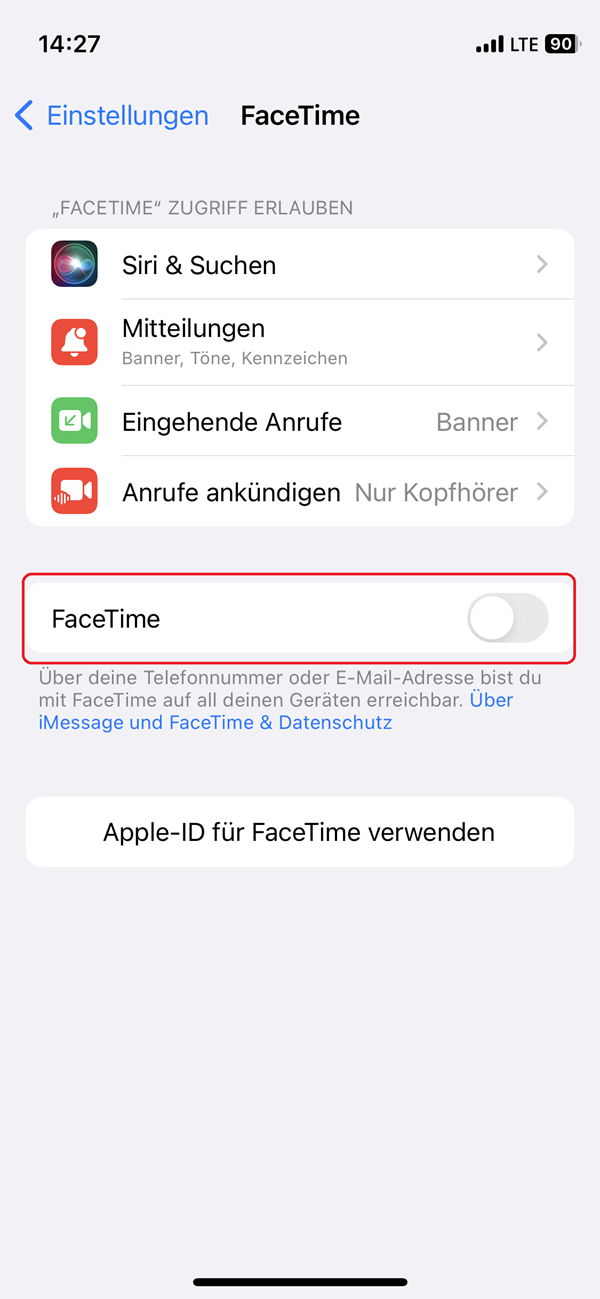 Screenshot von den Einstellungen in „FaceTime“ eines iPhones mit deaktiviertem Regler für „FaceTime“.