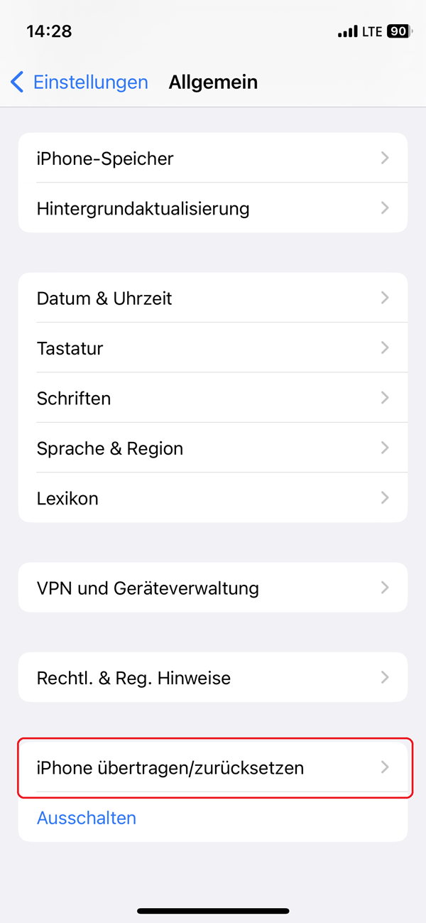 Screenshot von den Einstellungen in „Allgemein“ eines iPhones mit roter Markierung bei „iPhone übertragen/zurücksetzen“