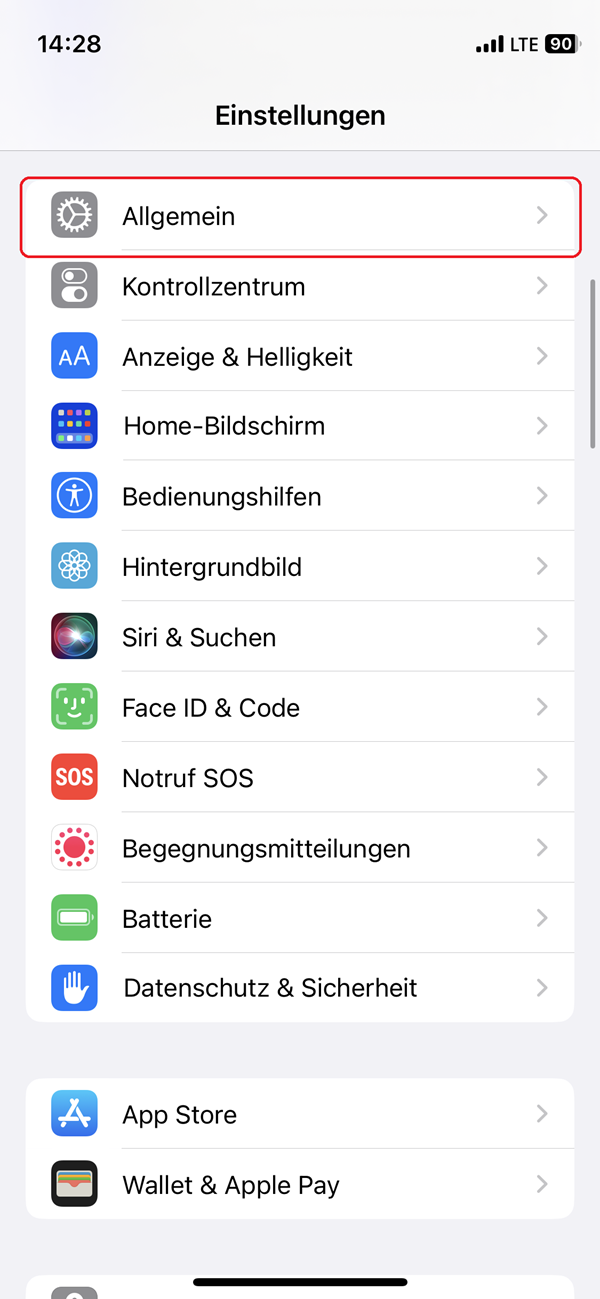 Screenshot von den Einstellungen eines iPhones mit roter Markierung bei „Allgemein“.